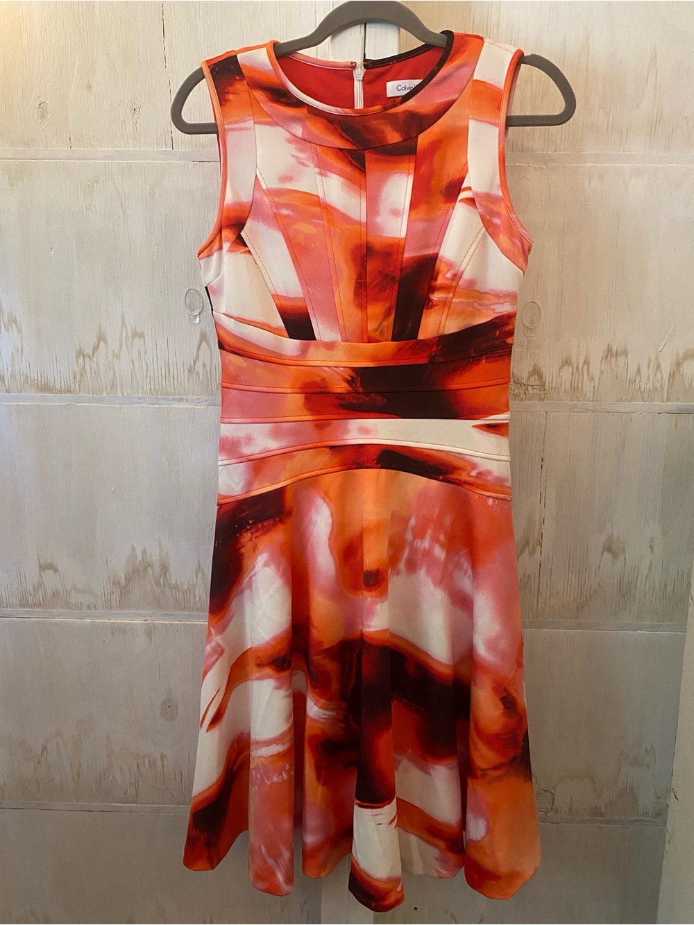 Calvin Klein Red and Orange Watercolor Fit-and-Flare Midi Dress